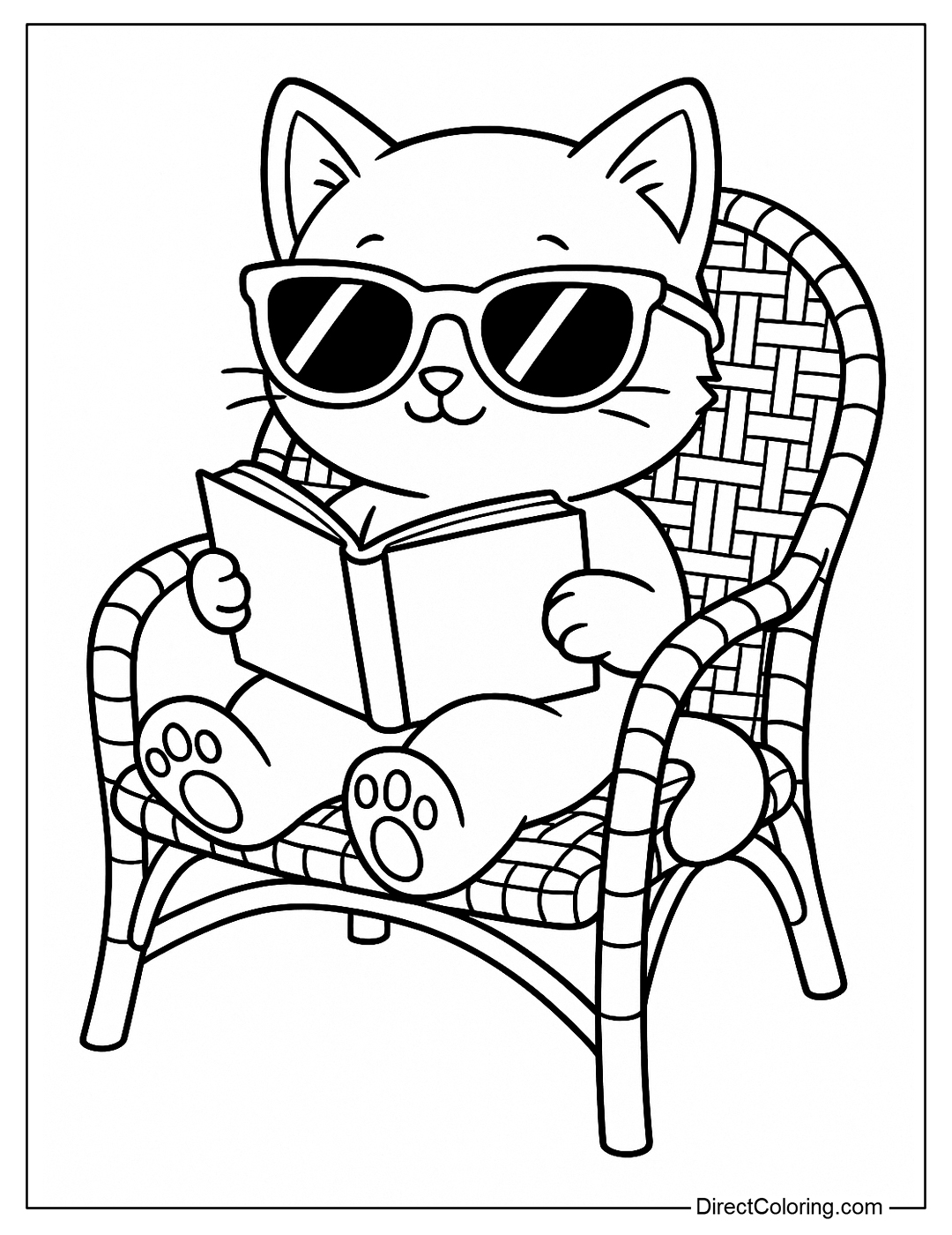 Coloring page of a kitten wearing sunglasses reading a book on a wicker chair.